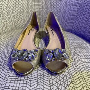 Elegant Champagne Peep-Toe Heels with Crystal Embellishments